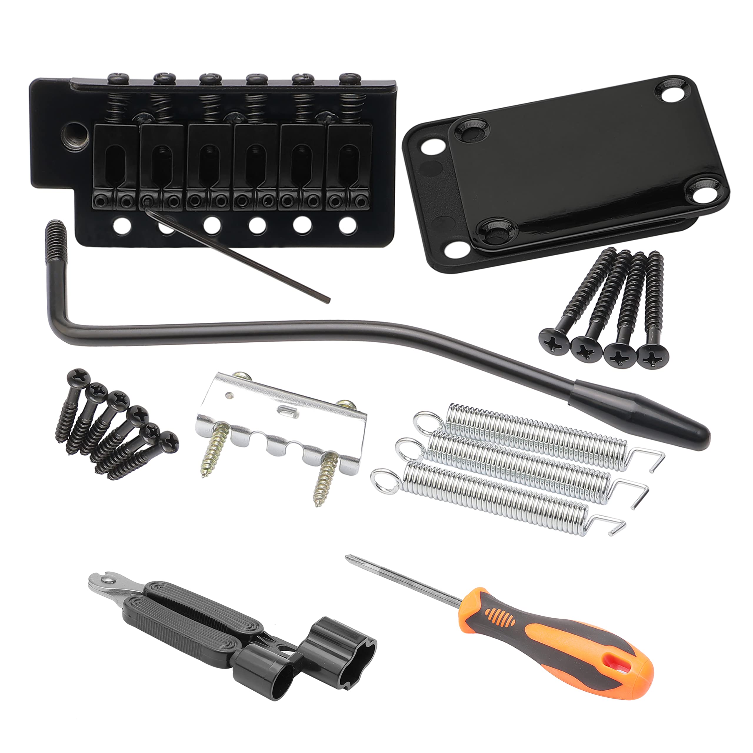 Unxuey Electric Guitar Tremolo Bridge Bar Kit, 6 Strings Bridge Tremolo System Set with Neck Plate Reinforce Board for Fender Strat Guitar Replacement, Black