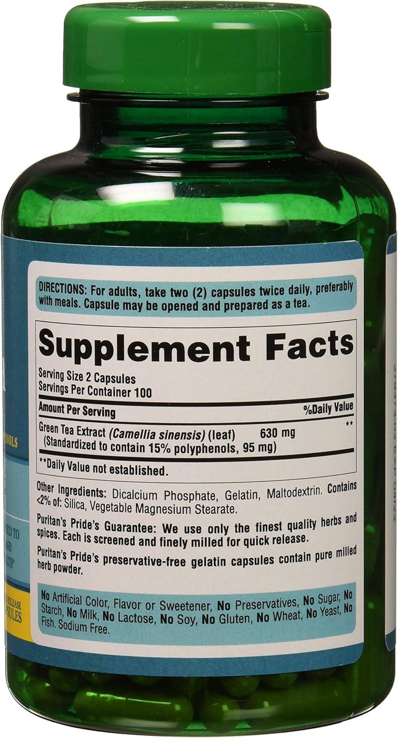 Puritans Pride Green Tea Standardized Extract 315 Mg Capsules, 200 Count: Health & Personal Care