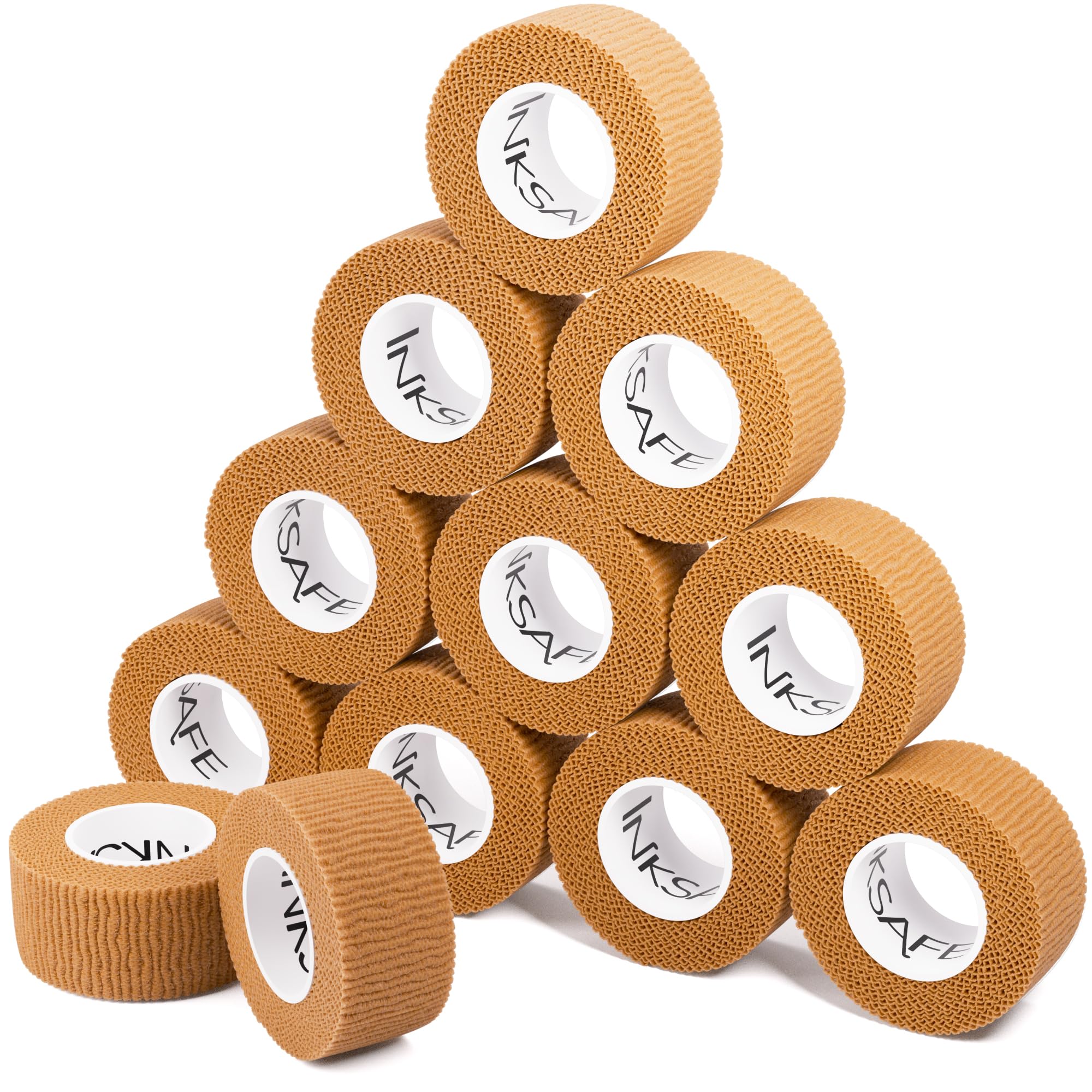 Inksafe Tan Self Adherent Cohesive Bandages 2.5cm x 4.5m Box of 12 - Uses Include Vet Wrap, Tape for Wrist and Ankle Sprains, Finger and Thumb Tape,