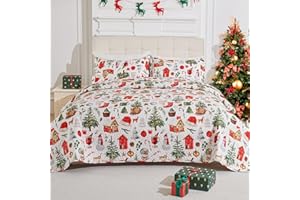 Feyocn 3-Piece Christmas Quilt Set King Size Cozy Xmas Snowman Bedding Sets Soft Christmas Tree Bedspread, Holiday Santa Quilt Coverlets Set for Home Decoration with 2 Pillow Shams,Red Green