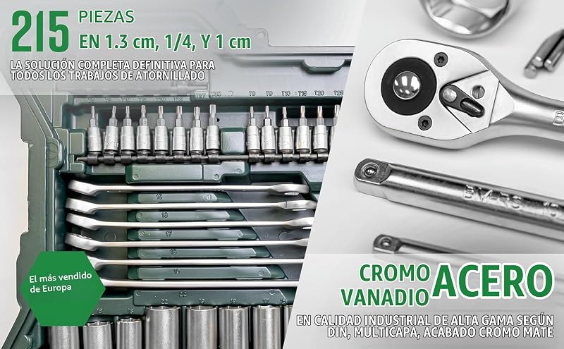 Mannesmann M98430 - Caixa com chaves de encaixe e outras ferramentas (215 peças, tamanho: 12x36x51 cm), Cor Verde Mannesmann