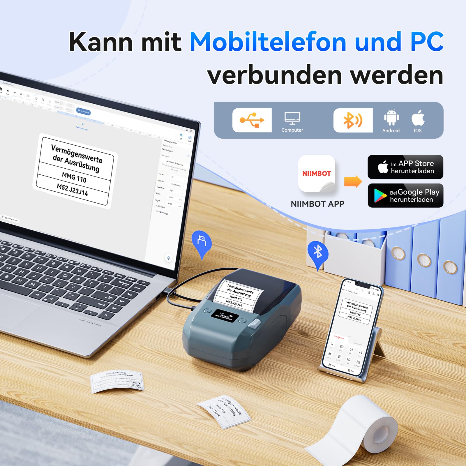 NIIMBOT M2 Etikettendrucker, Bluetooth Label Printer Etikettiergerät Thermotransfer Beschriftungsgerät Unterstützt Farbdruck, Selbstklebend Sticker Drucker für Büro, Zuhause, Schule, Dunkelblau 7