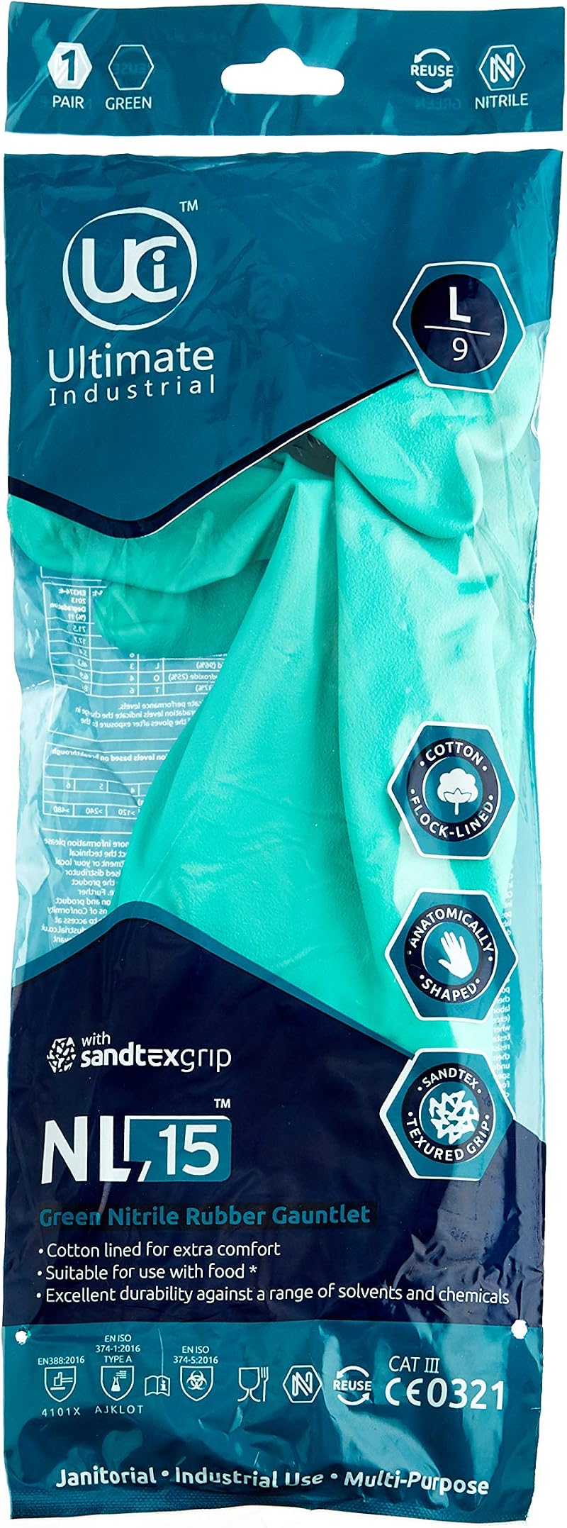Other Pair NL15 Nitrile Gauntlet Gloves 9 Large Green Chemical Lined Lightweight