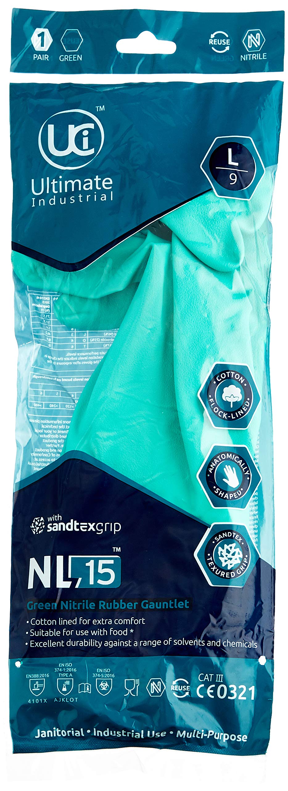 Other Pair Ultimate Industrial NL15 Lightweight Nitrile Gauntlets, 9/Large, Green Gauntlett Chemical lined Long Gloves