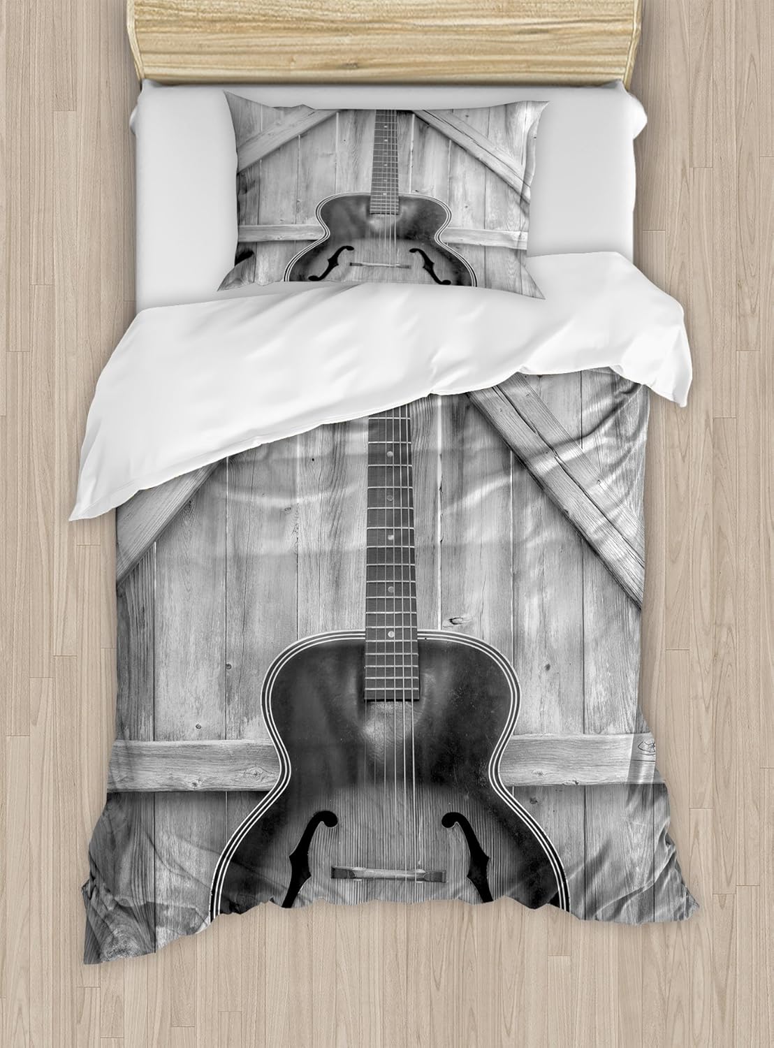 Ambesonne Western Duvet Cover Set, Vintage Acoustic Instrument Guitar Hanged on Old Wooden Door Fences Country Ranch, Decorative 2 Piece Bedding Set with 1 Pillow Sham, Twin Size, Black Grey