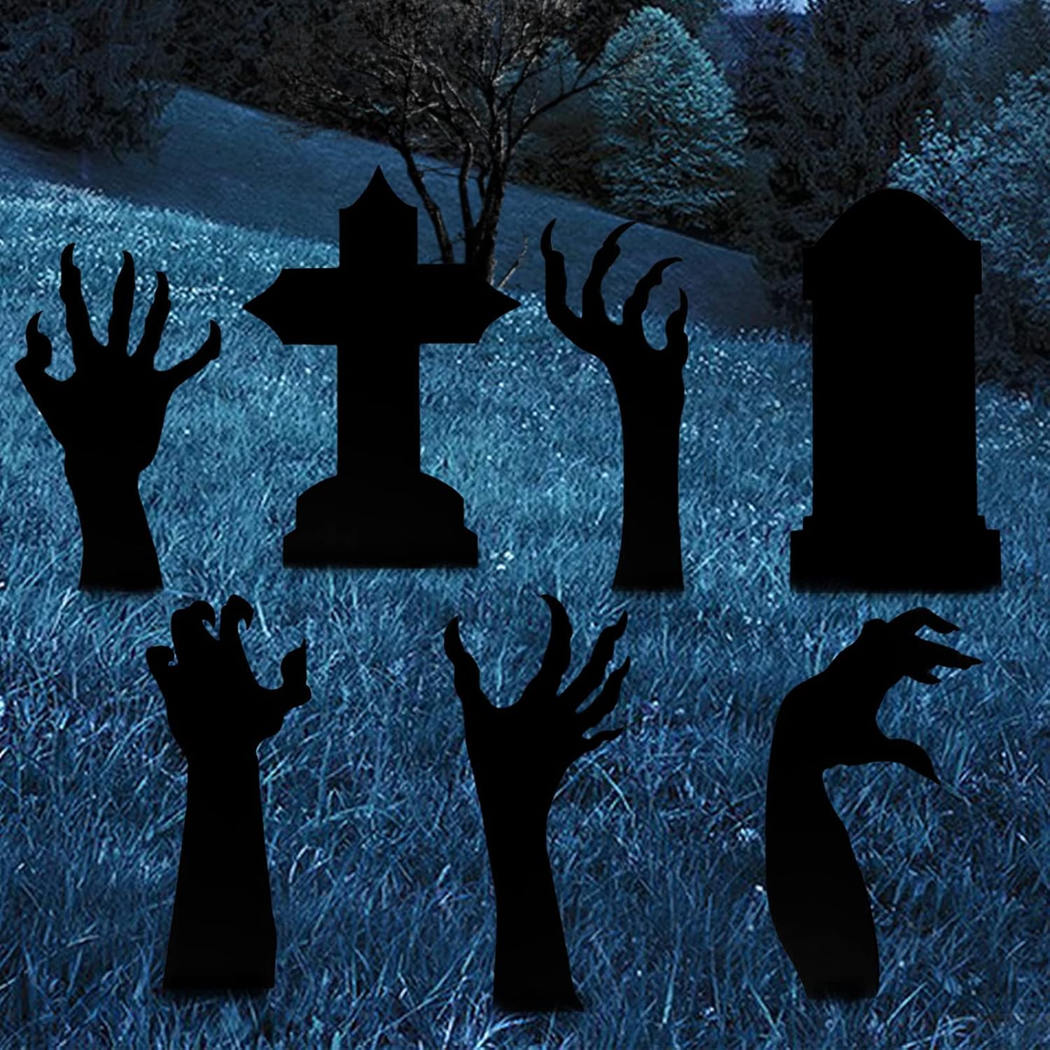 Yard Signs - Halloween Decorations Outdoor Skeleton Yard Signs - 7Pcs Scary Halloween Signs with Zombie Hands Tombstones for Cemetary Fence Yard Outside Halloween Decorations