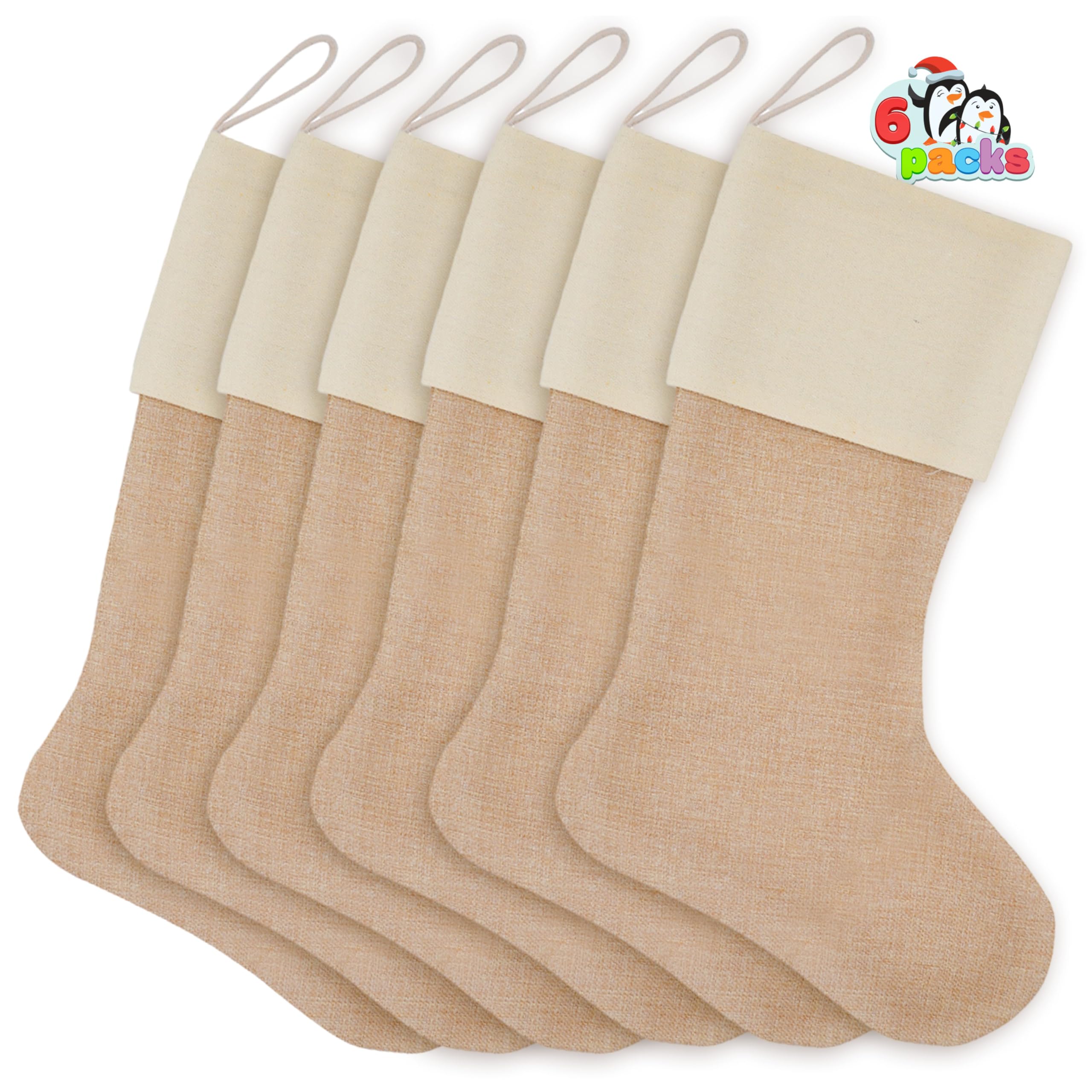 JOYIN 6 Pcs 18” Plain Burlap Christmas Stocking, Xmas Fireplace Hanging Stockings for DIY Christmas Decoration