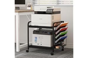 EasyCom Large Printer Stand with File Holder Organizer, Adjustable Height Shelf with Wheels, Rolling Printer Cart with Storage for Printer Scanner Fax Home Office Use Black