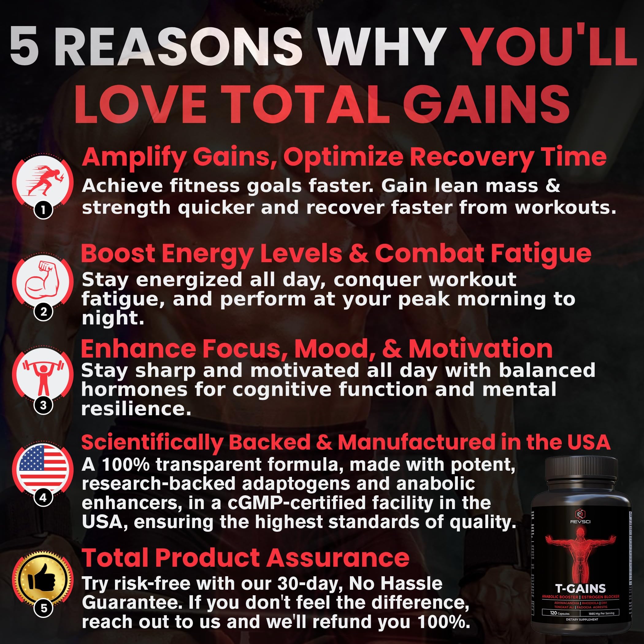 Testosterone Supplement for Men - T-GAINS Natural Testosterone Booster for Men with Longjack Tongkat Ali, Fadogia Agrestis, Shilajit - Estrogen Blocker, Mucle Builder & Vitality Support, 120 Count
