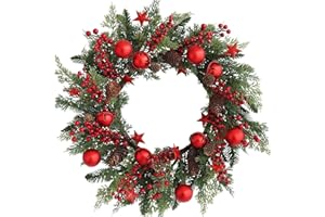 Hometrance Christmas Red Wreaths for Front Door 20 Inches, Xmas Farmhouse Winter Wreath with Bells Balls Berry Stars for Window Outdoor Outside, Artificial Holiday Rustic Wreath for Indoor Porch Decor