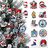 Syhood 36 Pcs Hockey Christmas Ornaments Bulk Wood Hanging Xmas Tree Decorations Ice Skate Ornament Funny Sports for Hockey Lovers Holiday Decor, 12 Styles