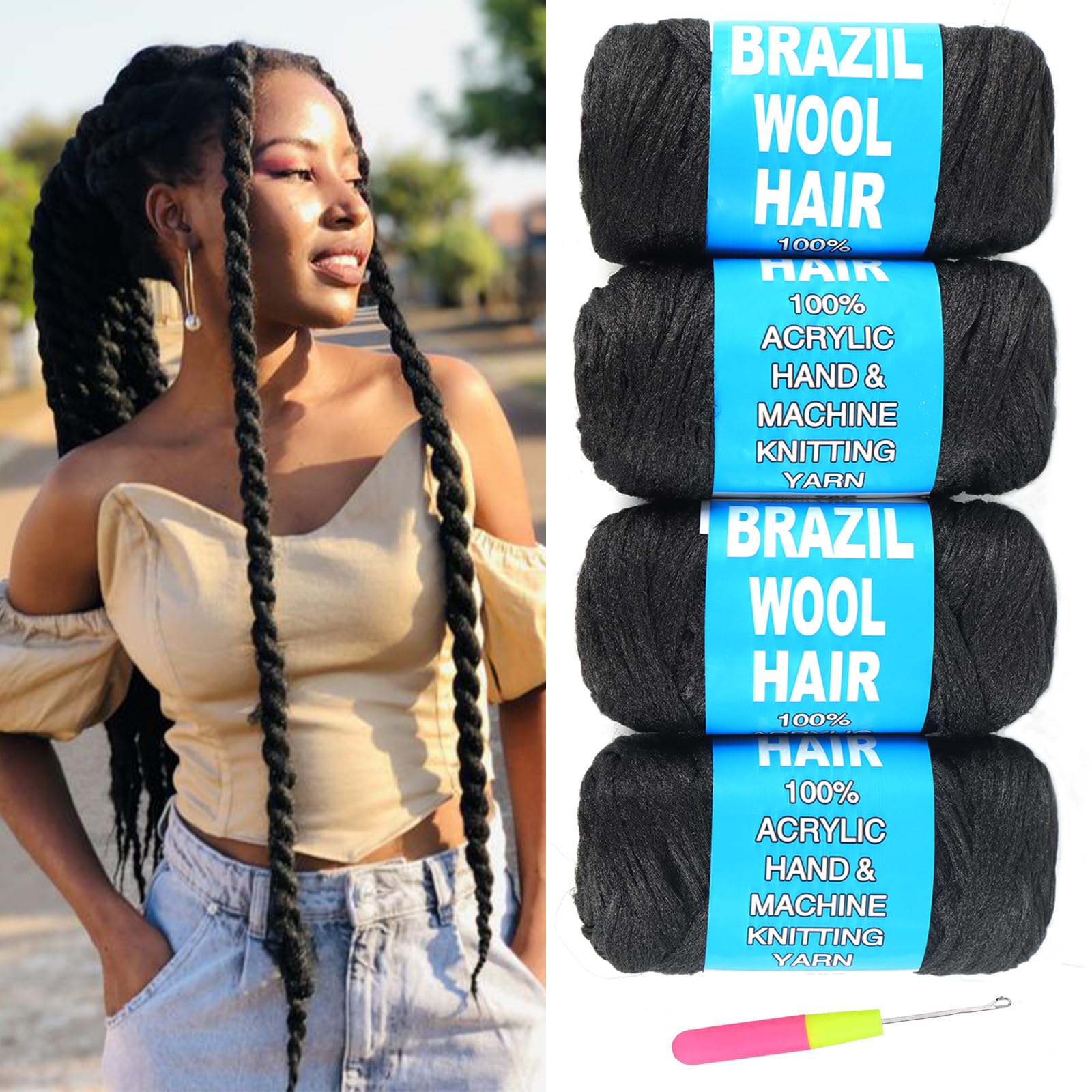 Ainimiu 4 Roll Brazilian Wool Hair for Braiding Faux Locs Crochet for Women Synthetic Braiding Hair Extensions