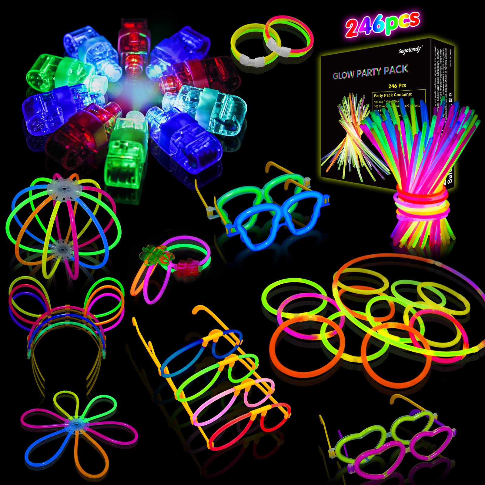 Segotendy 100 Glow Sticks,246pcs Party Packs for Adult Children with 10 Finger Lights,Glow in the Dark Supplies for Birthday Wedding Neon Party Accessories Disco Decoration,Glowsticks Sparklers