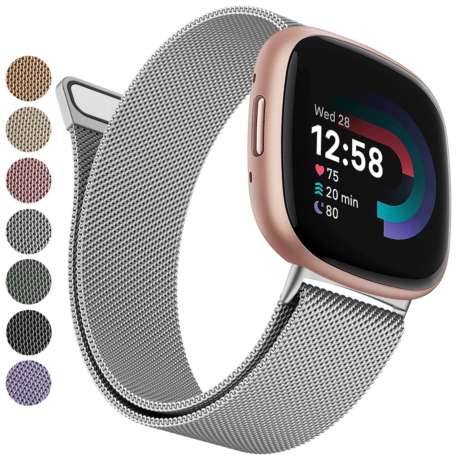 Strap compatible with Fitbit Versa 3 Straps/Versa 4 Strap/Fitbit Sense/Sense 2 Strap for Women Men, Breathable Stainless Steel Mesh Loop Adjustable Wristband Replacement Metal Strap (Silver,Large)