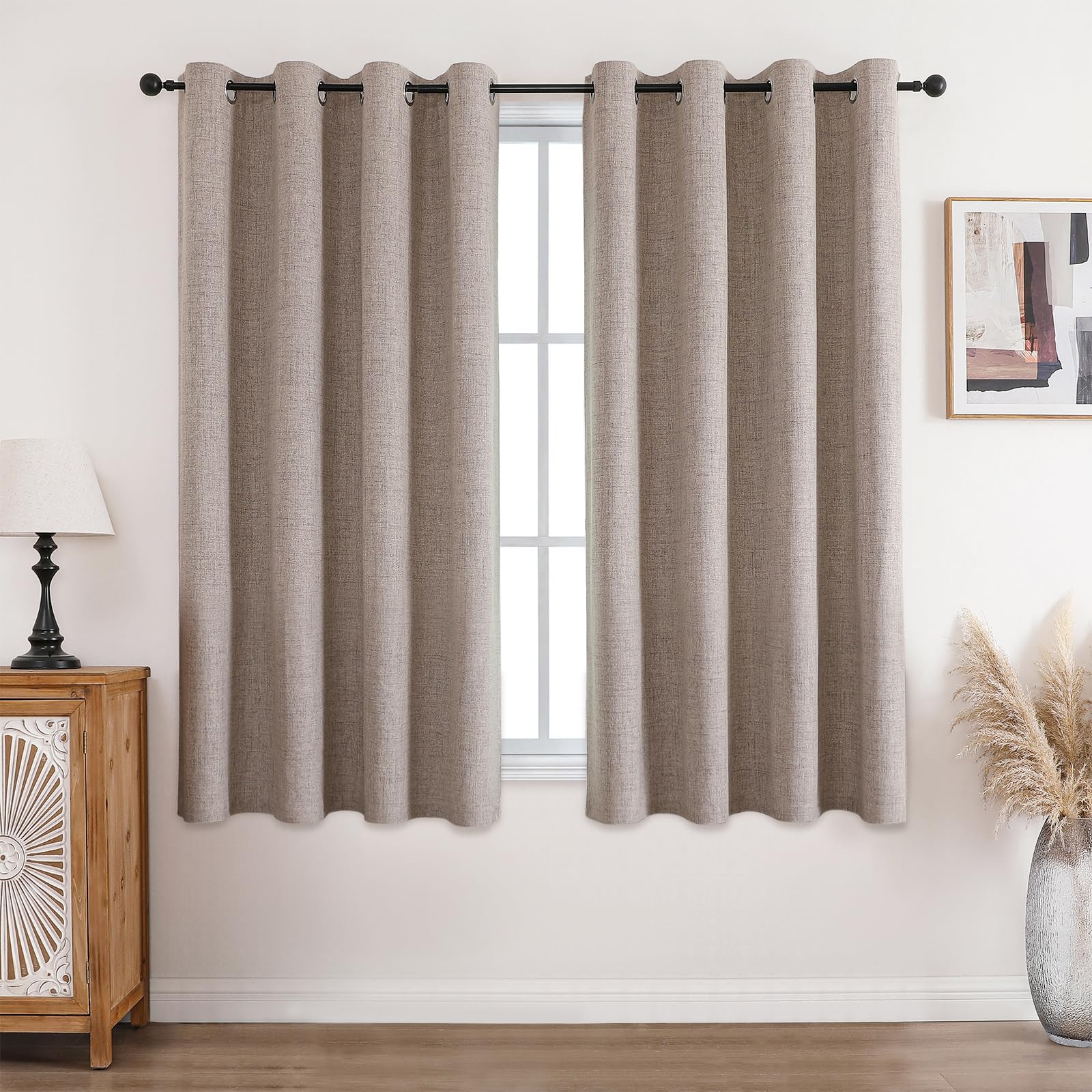 CUCRAF 100% Blackout Curtains Linen Thermal Curtains 54 Inch Drop 2 Panels Soft Texture Energy Saving Sun Blocking Eyelet Curtains for Bedroom Living Room 46 X 54 Inch