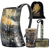 FENRIR Viking Drinking Horn Mug 16 oz – Gifts for Men, Dad, Husband – Unique Viking Gift – 100% Handmade Real Ox Horn Tankard with Shot Glass & Opener – For Beer, Ale, Mead