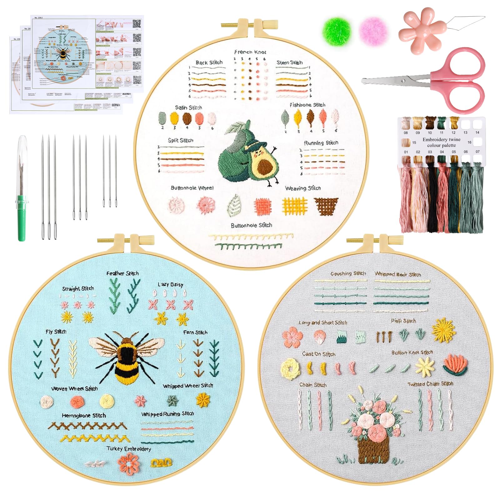 UXORSN 3 Sets Embroidery Kit for Beginners Adults Cross Stitch Starter Kits Learn 28 Different Basic Stitches Practice Kit Including Fabric with Stamped Pattern Threads Needles Hoop Video Tutorials