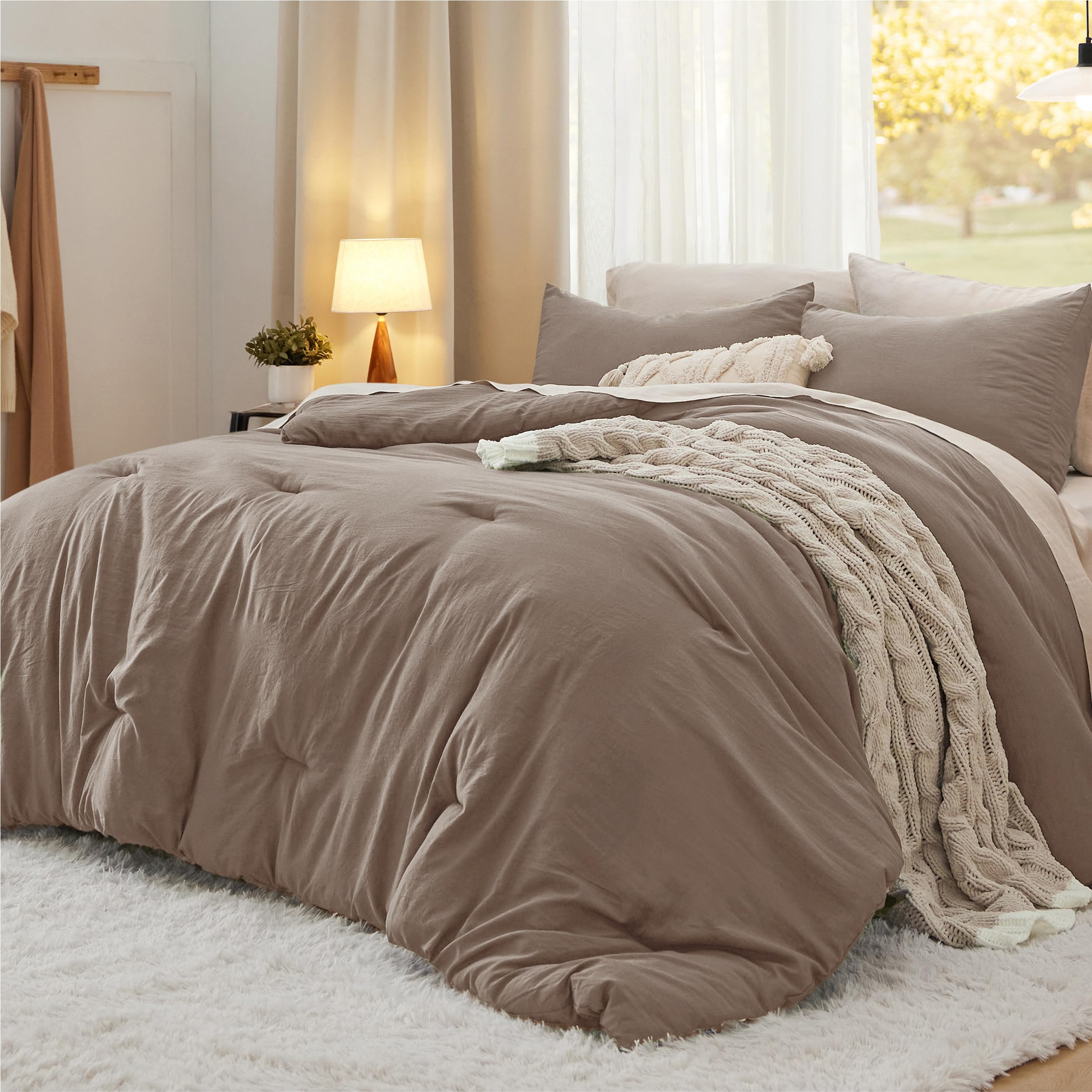Photo 1 of Bedsure King Size Comforter Set, Brown Soft Prewashed Bedding for All Seasons, 3 Pieces GentleSoft™ Warm Down Alternative Bed Set, 1 Lightweight Comforter (104"x90") and 2 Pillowcases (20"x36")