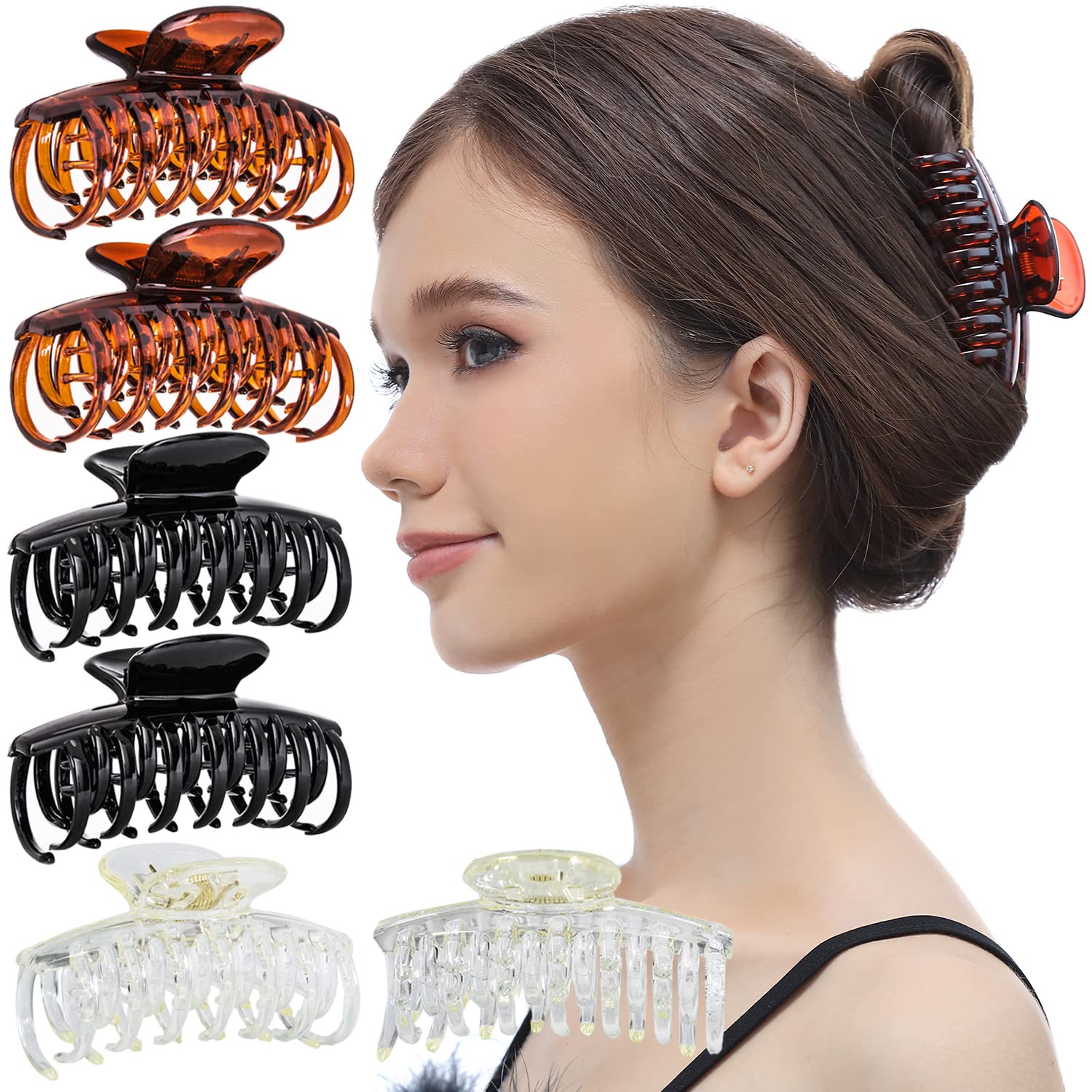 RC ROCHE ORNAMENT 6 Pcs Womens Classic Double Multi Layer Fine Teeth Claws Jaw Interlocking Strong Hold No Slip Firm Grip Hair Clutcher Clamp Beauty Fashion Accessory, Medium Clear Brown and Black