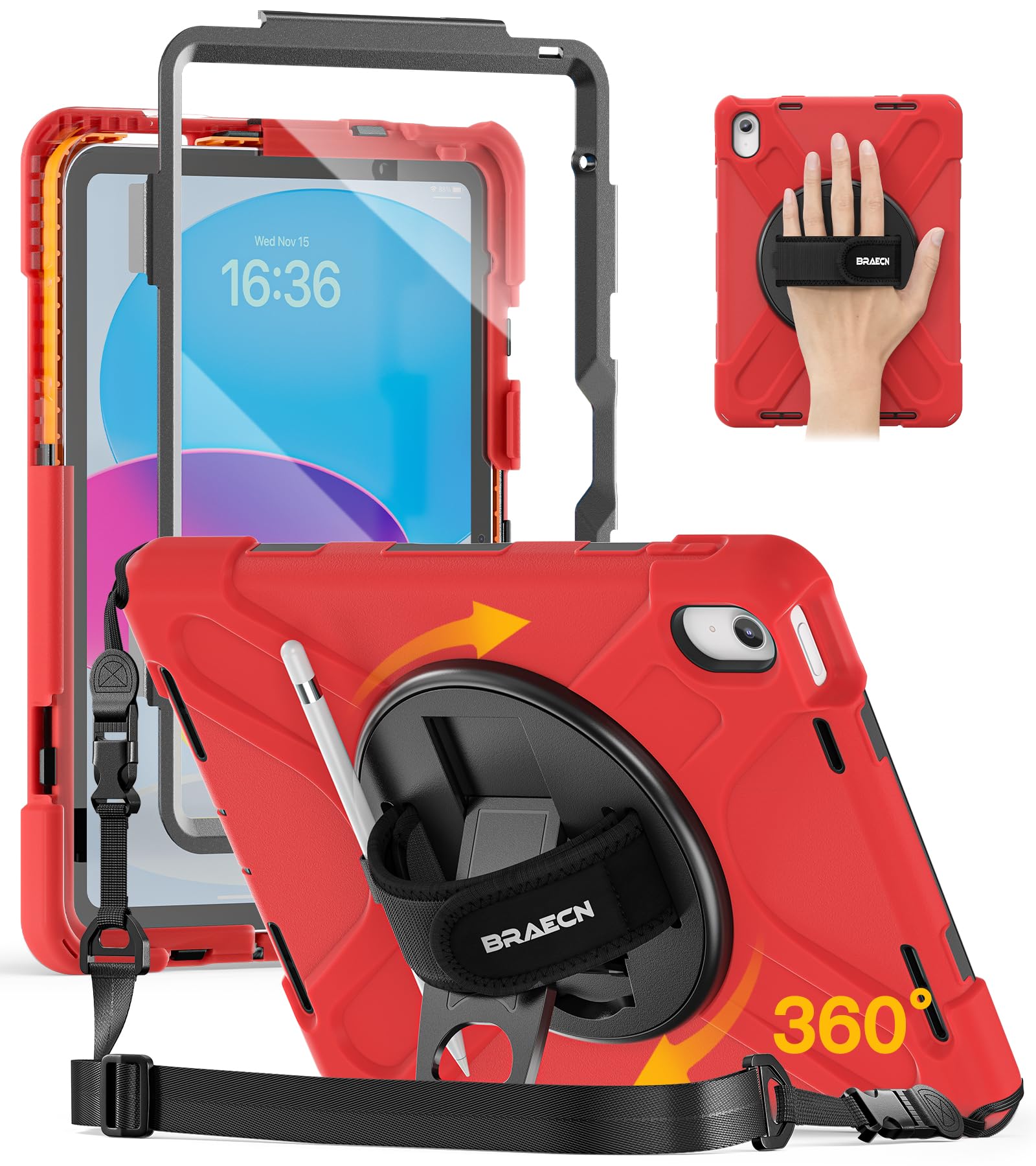 Photo 1 of BRAECN for iPad (A16) 11th/10th Generation case 11/10.9 inch 2025/2022 Heavy Duty Shockproof Protective with Pencil Holder Screen Protector 360°Rotating Stand Handle & Shoulder Strap Full Body Cover