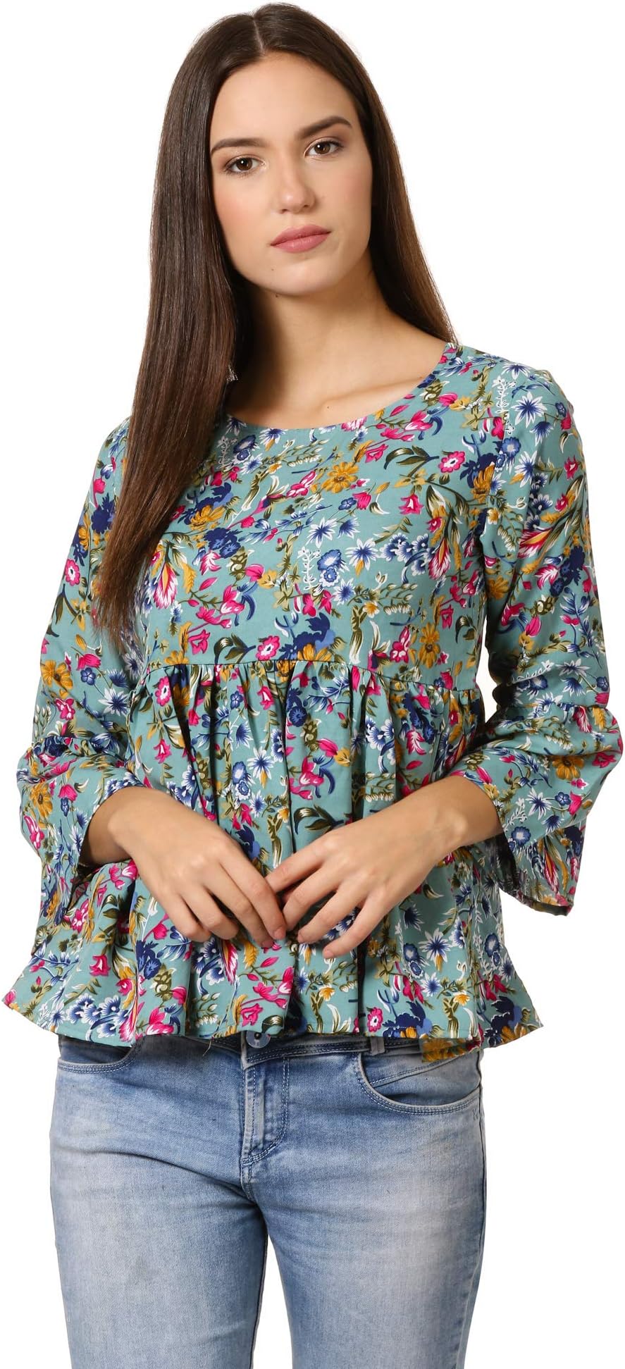 KLOOK Women's Floral Regular Fit Crepe Top (Aegan Blue)