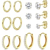 Dochais Hoop Stud Earrings for Women Men 7 Pairs 316L Surgical Steel Hypoallergenic Earrings Set for Multiple Piercing Non Tarnish 14k Gold Plated Cartilage Earring