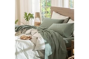 MooMee Bedding Sheet Set 100% Washed Cotton Linen Like Textured Breathable Durable Soft Comfy (Heathered Green, Queen)