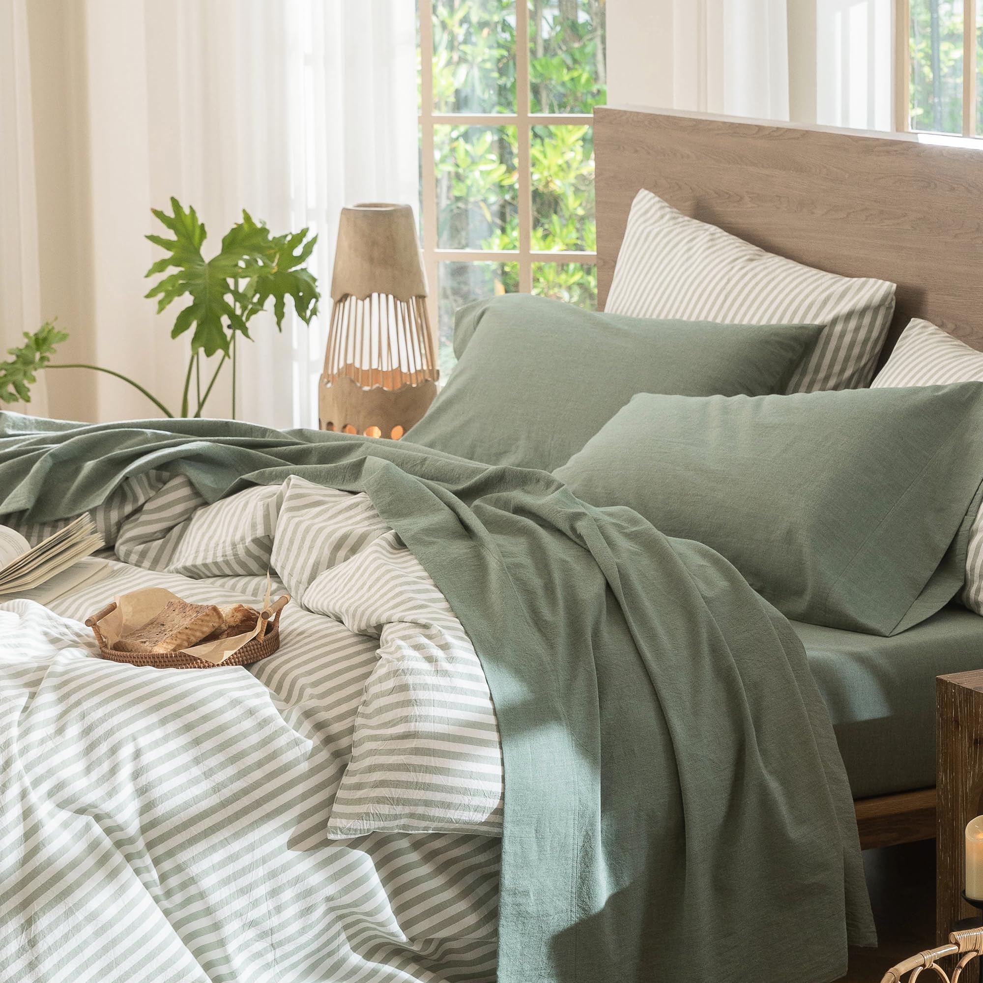 Photo 1 of MooMee Bedding Sheet Set 100% Washed Cotton Linen Like Textured Breathable Durable Soft Comfy (Heathered Green, King)
