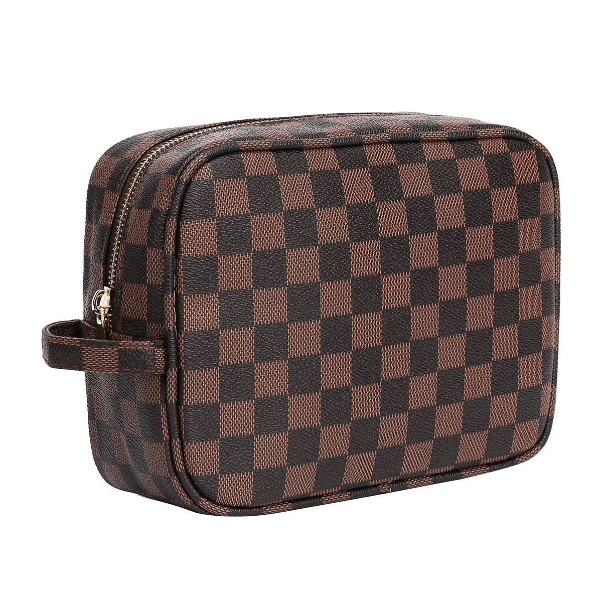 Luxury Checked Large Makeup Bag Cosmetic Travel bag makeup organizer for Women (BROWN) Colourformiss