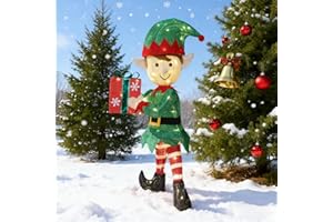 Hausse Lighted Christmas Outdoor Decor, 38" Height Pre-Lit 3D Tinsel Xmas Green Elf Figure, Light Up Xmas Yard Displays, Plug in for Holiday Party New Year Winter Patio Lawn Garden