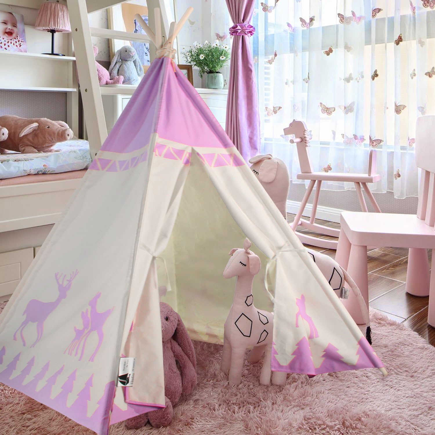 UKadou Kids Teepee Tent for Girls, 100% Cotton Canvas Fabric Tipi With 4 Wood Pine Poles & Carry Bag, Foldable Portable Playhouse for Indoor or Outdoor Play, Popular Gift for Children's Childhood