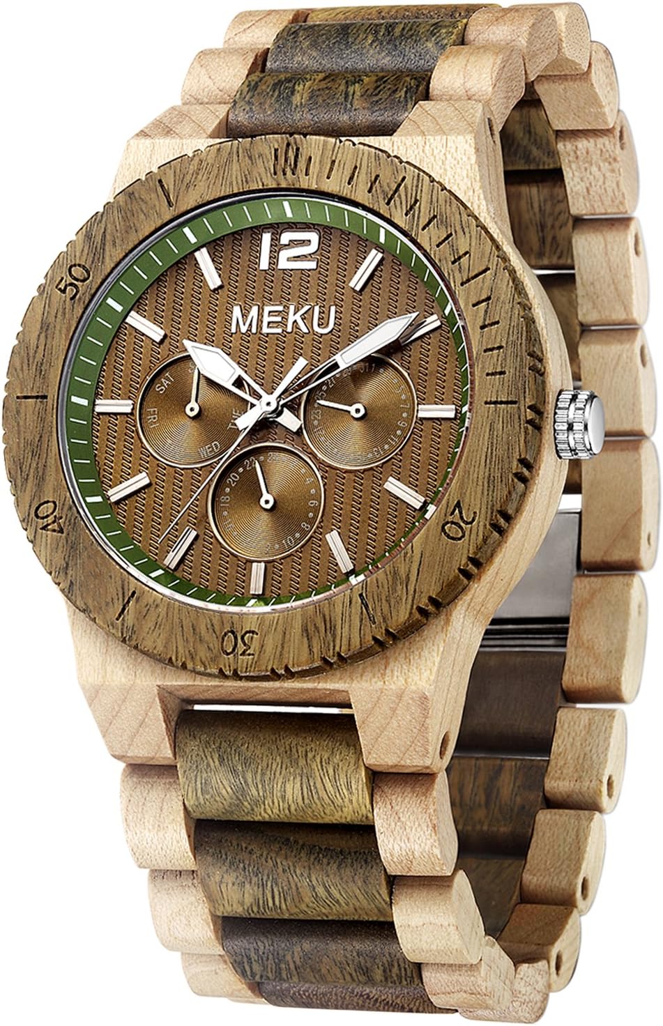 MEKU Men's Wood Wrist Watch Quartz Day Date Wooden Watch Gift
