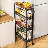 Vivihomety Utility Slim Storage Cart with Wheels, 4 Tier Small Rolling Cart with Wood Top, Metal Kitchen Bathroom Laundry Room Organization Trolley with Handle for Narrow Space – Black