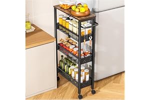 Vivihomety Utility Slim Storage Cart with Wheels, 4 Tier Small Rolling Cart with Wood Top, Metal Kitchen Bathroom Laundry Room Organization Trolley with Handle for Narrow Space – Black