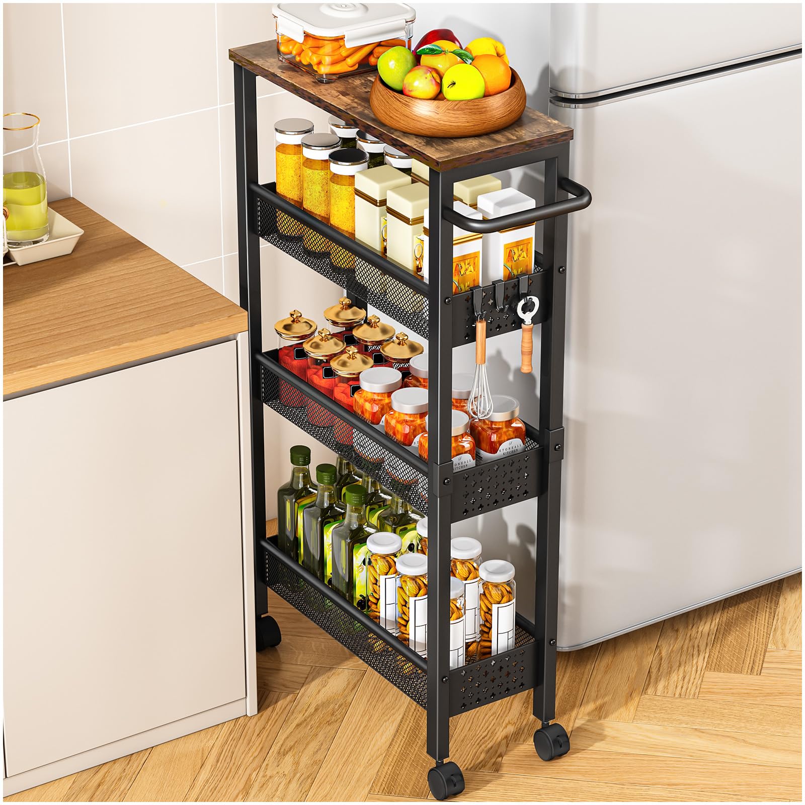 Vivihomety Utility Slim Storage Cart with Wheels, 4 Tier Small Rolling Cart with Wood Top, Metal Kitchen Bathroom Laundry Room Organization Trolley with Handle for Narrow Space – Black