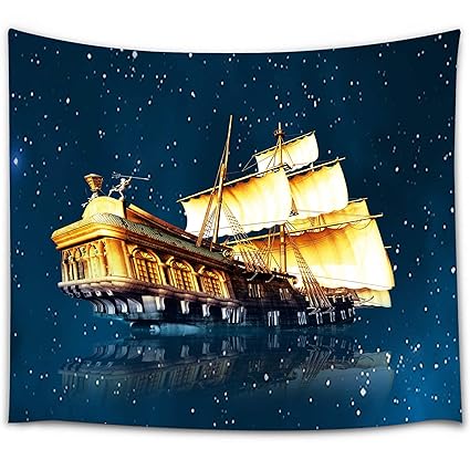 Cheerhunting Ship Wall Hanging Tapestry For Bedroom Decor Ship Flying Under Galaxy In Starry Night 60 W By 50 H Blue