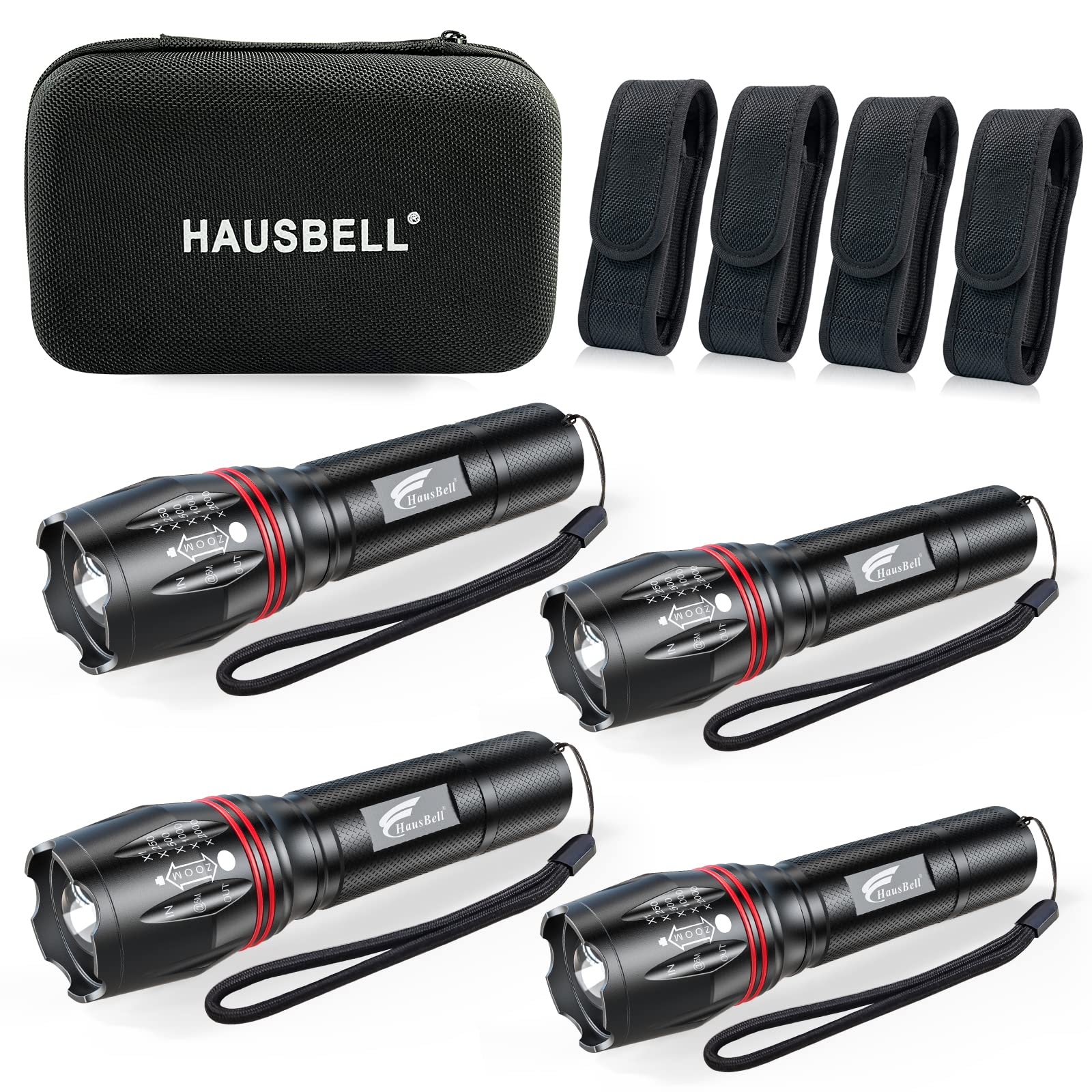 Photo 1 of HAUSBELL T8 Upgraded Flashlight Bright, Zoomable Tactical LED Flashlights Flash Light with High Lumens and Five Modes and Camping Accessories, 4 Pack