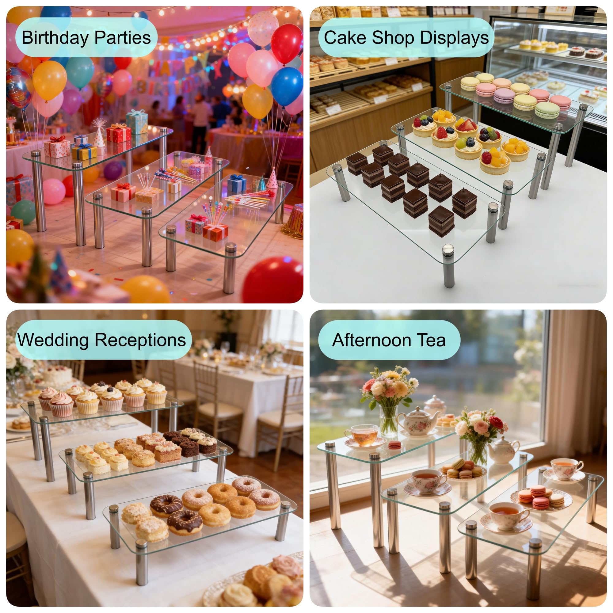 FESTLOVE 6 Pack Tempered Glass Display Stands Set, 13 Inch Rectangular Cake Cupcake Stand Dessert Display Riser Serving Platter Plate for Decoration Table Party Wedding Baby Shower