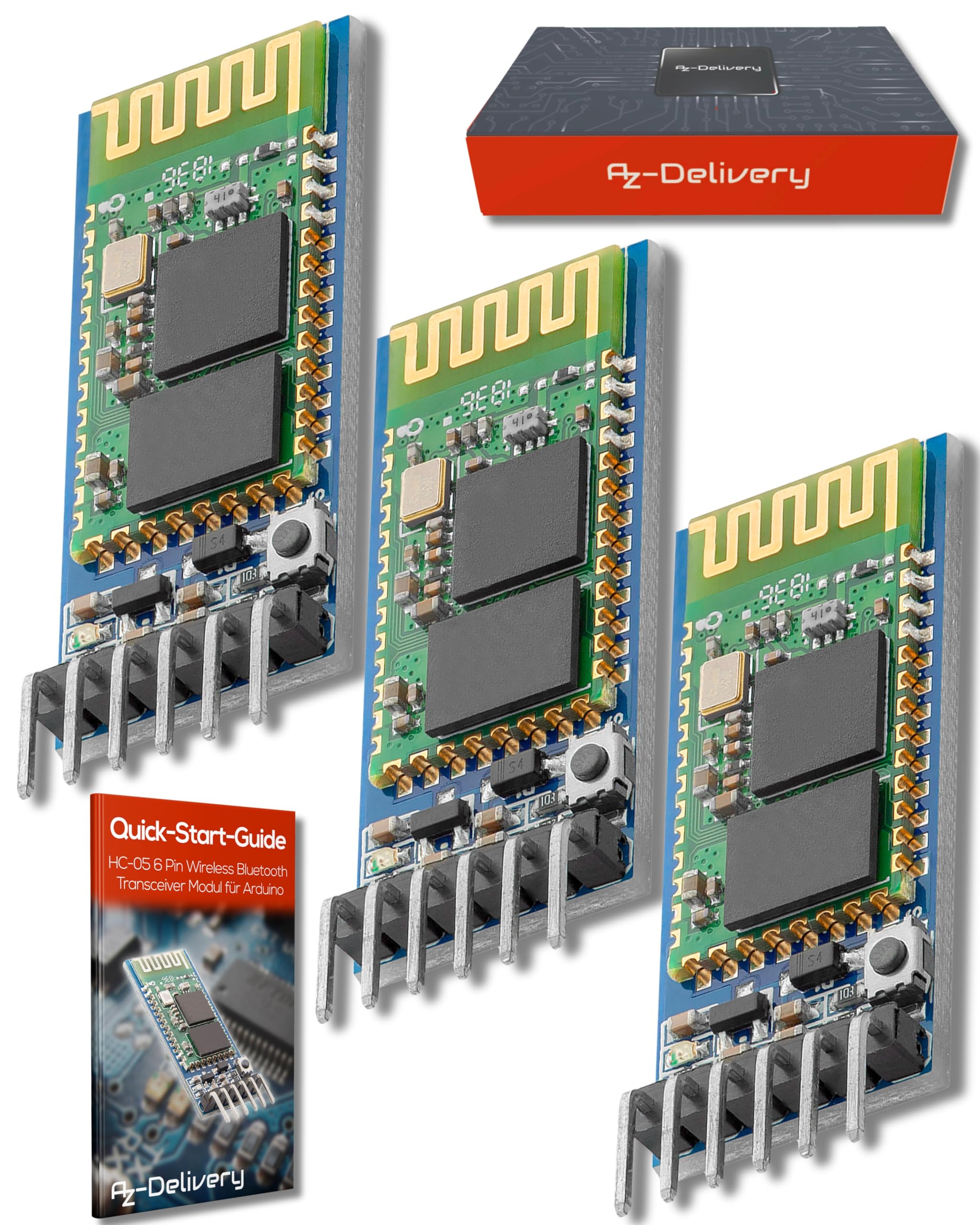 AZDelivery HC-05 Wireless Serial Bluetooth RF Transceiver Pass-Through RS232 Communication Port Module HC05 6 Pin Master-Slave Extender Plate compatible with Arduino Including E-Book! (Pack of 3)