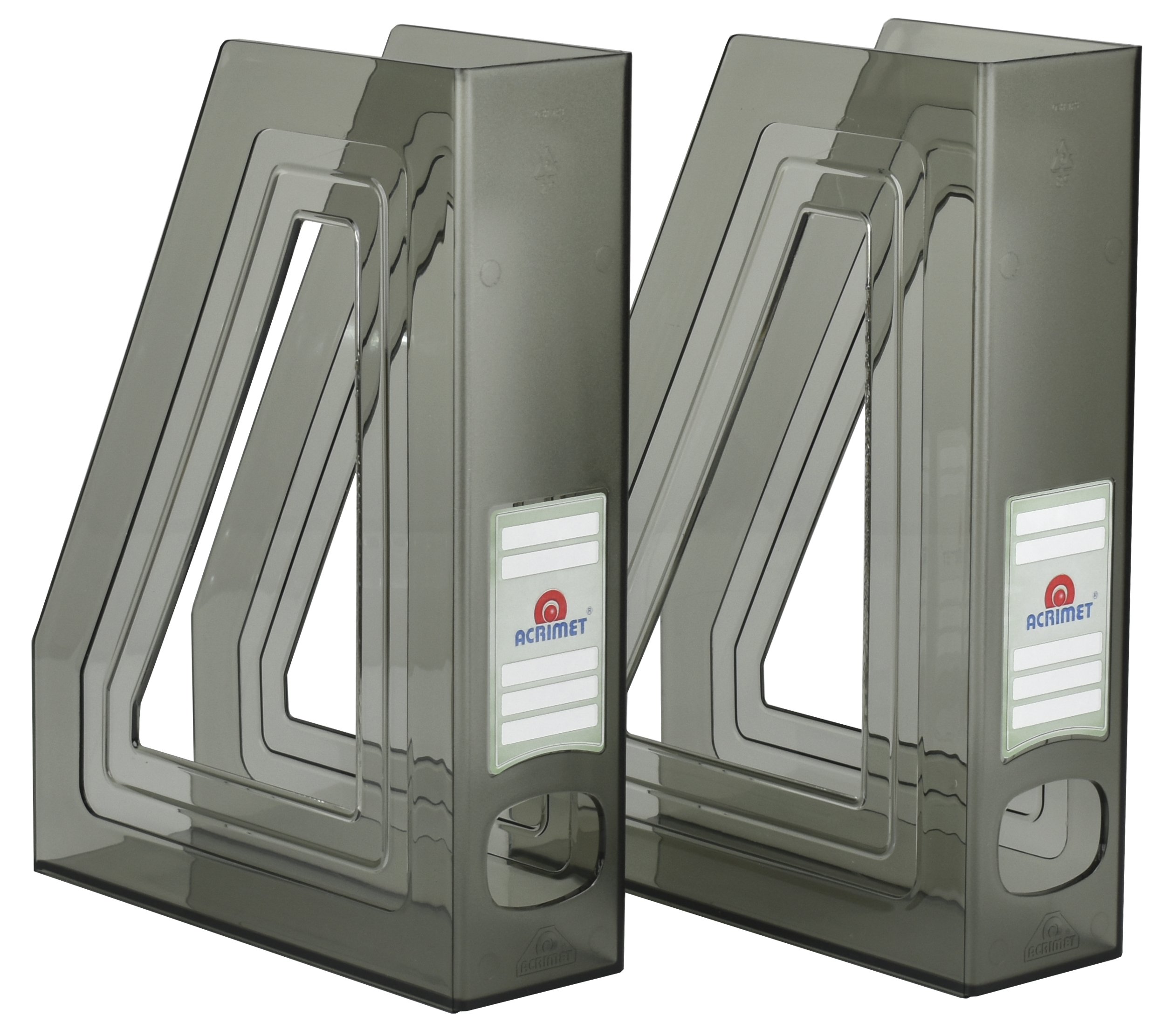Acrimet Magazine File Holder – Vertical Rack for Documents, Folders and Mail, Durable Plastic Desk Organizer for Office & Home, Smoke (2 Pack)