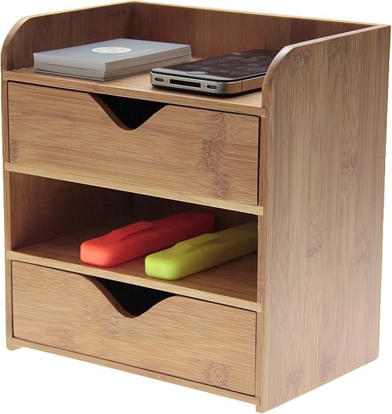 4 Tier Desk Organiser Stationery Box, Desk Tidy, Made of Natural Bamboo