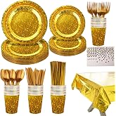 Sparkling Star Patterned Disposable Tableware Set, 201 Pieces, Tablecloths, Cutlery, Napkins, Cups, Straws, Plates for Parties, Birthdays, Graduations, Kids Events. 25Guest (Gold)