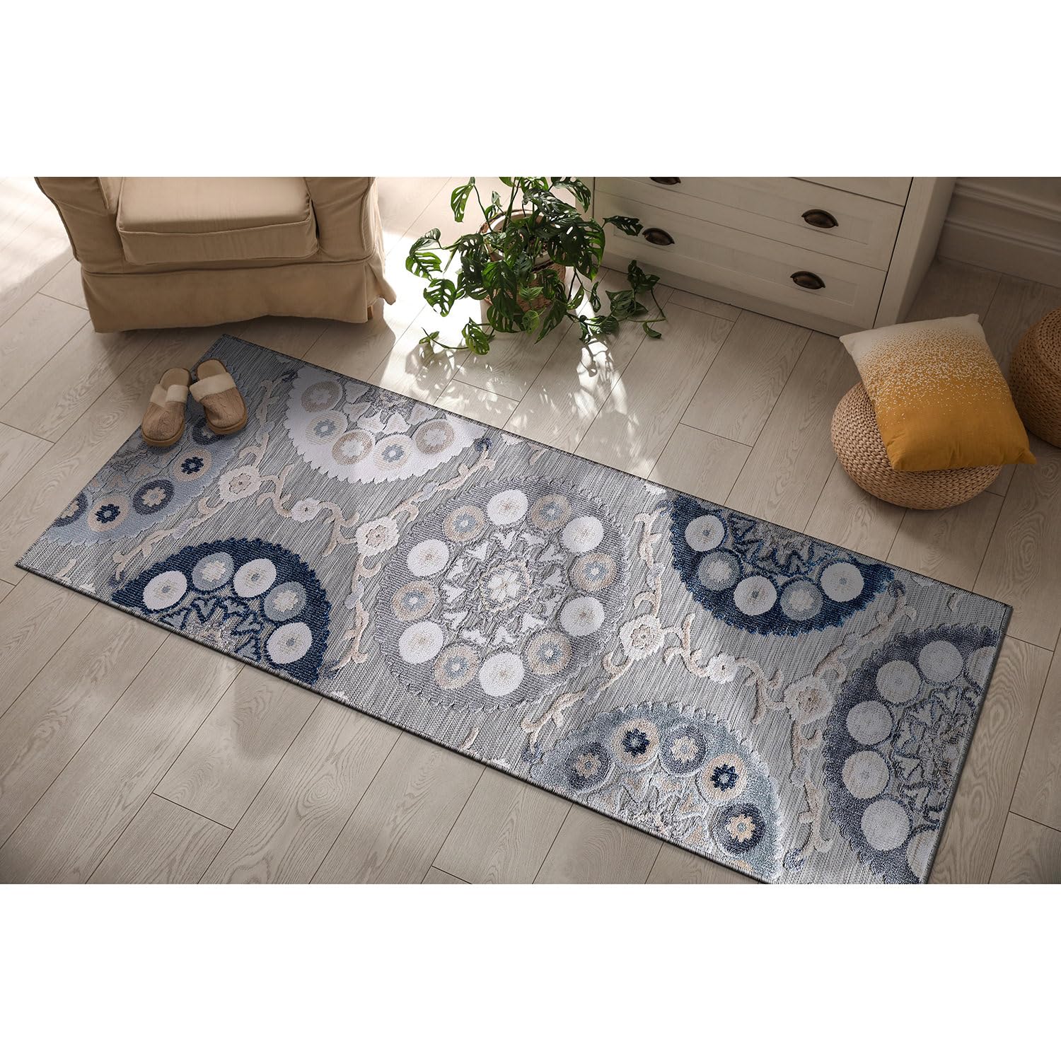 CAMILSON Runner Outdoor Rugs Oriental Retro Traditional Floral Medallion Area Rug 2x10 Non-Shedding Stain Resistant Indoor Carpet for Bathroom Hallway Kitchen Office (2 x 10 / Blue) Image