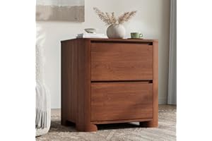 YANSNWO Walnut Nightstand with Charging Station, 23.6" Modern Night Stand with Unique Thickened Foot and 2 Storage Drawers, B