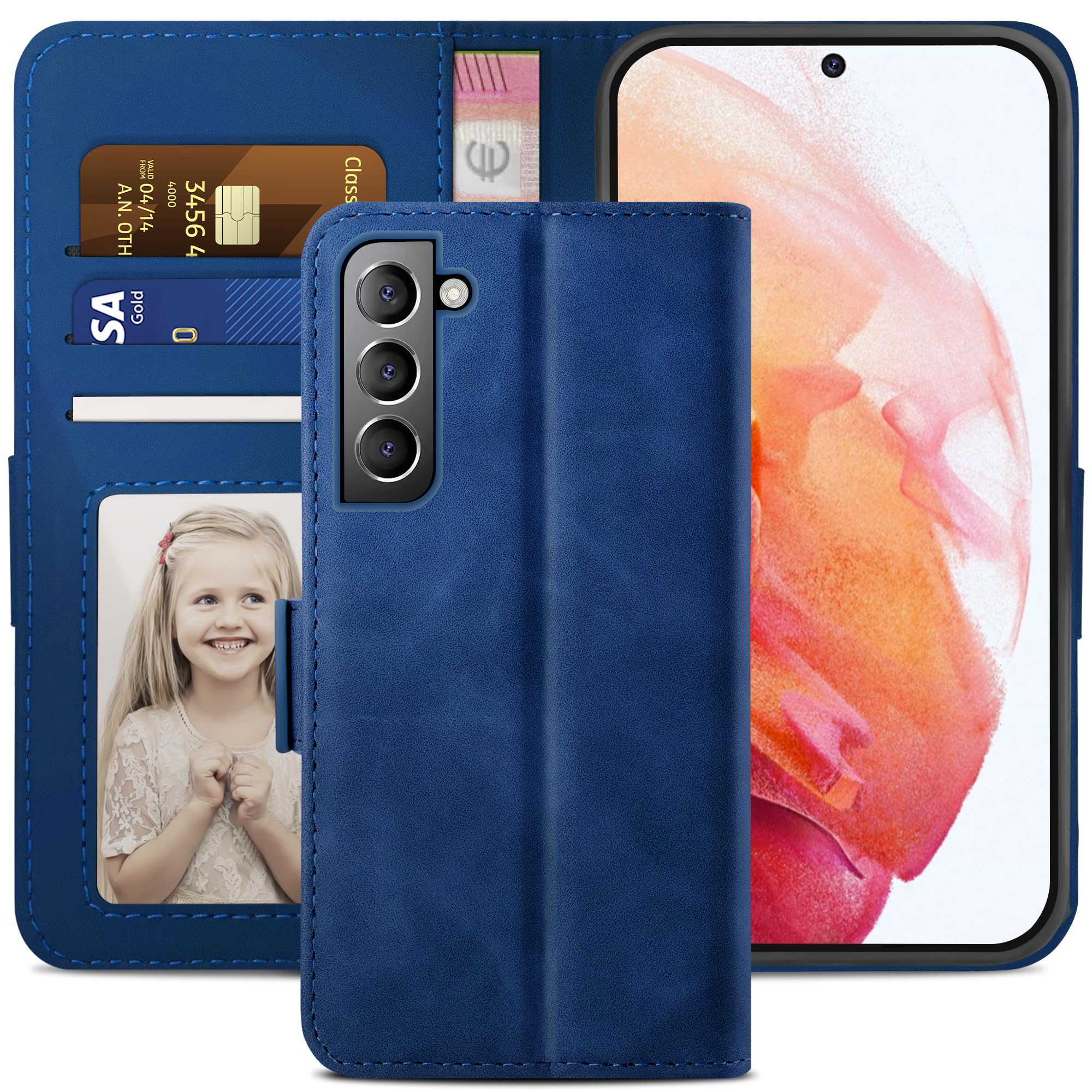 YATWIN Compatible with Samsung Galaxy S21 Case, Flip Wallet Leather Case with Card Slot and Shockproof Function Kickstand Phone Cases Cover for Samsung S21 - Blue — image 1