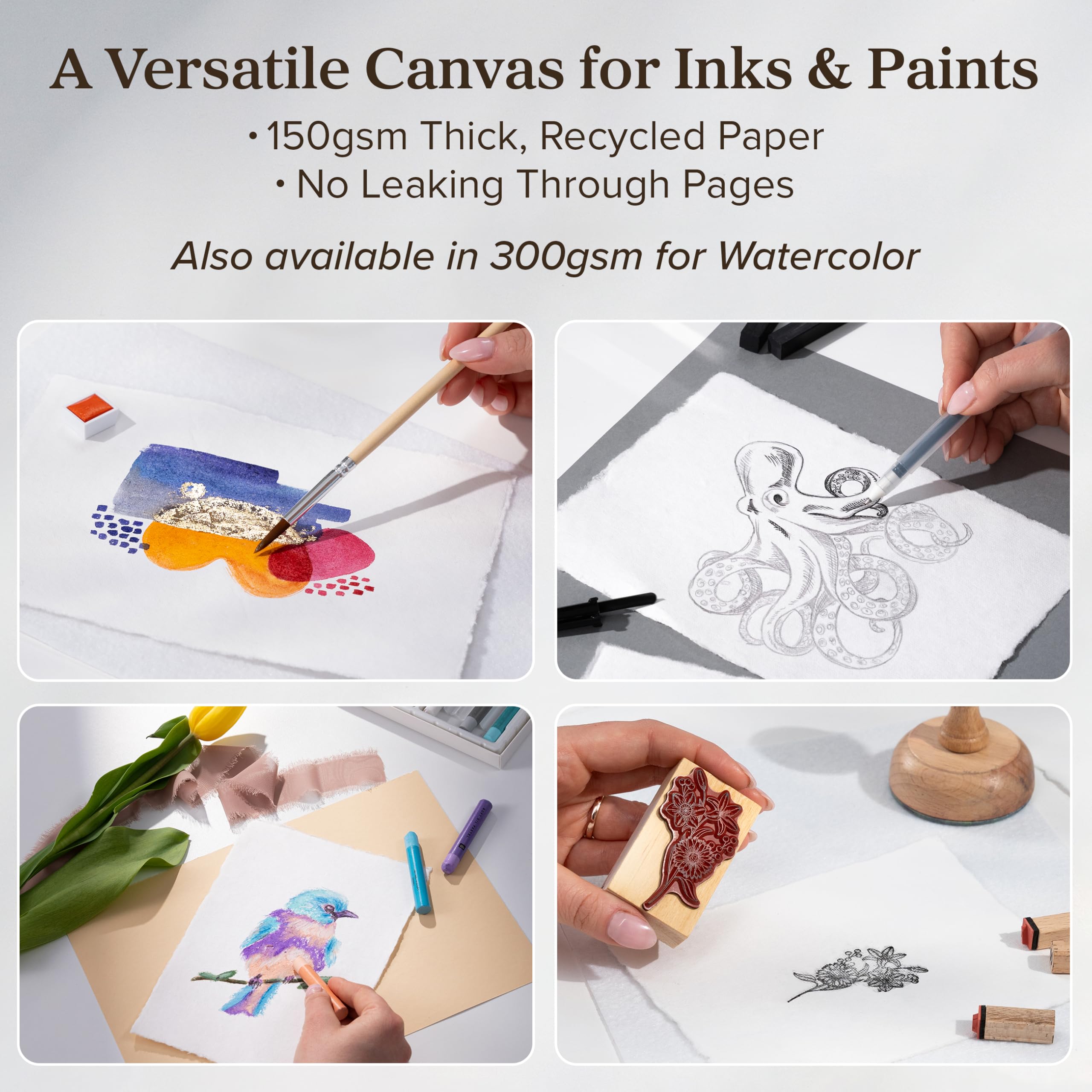Wanderings A5 Handmade Deckled Edge Cotton Paper - Cold Pressed Texture - Paint, Watercolor, Writing, Printer - Cards, Invitations, Menus, Arts and Crafts. 50 Pack White 150gsm - 5.8