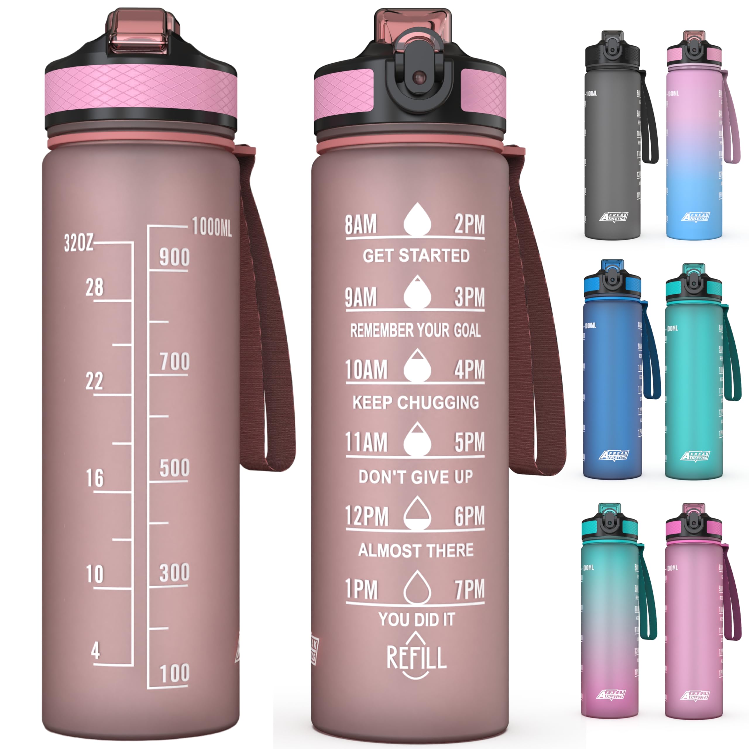 Freak Athletics Water Bottle 1L - 1 Litre Sports Bottle Leak Proof, Water Bottle w/ Time Markings & Filter, Motivational Sports Water BPA Free Running,cycling, Gym, School & Office (Pink), Rose Pink