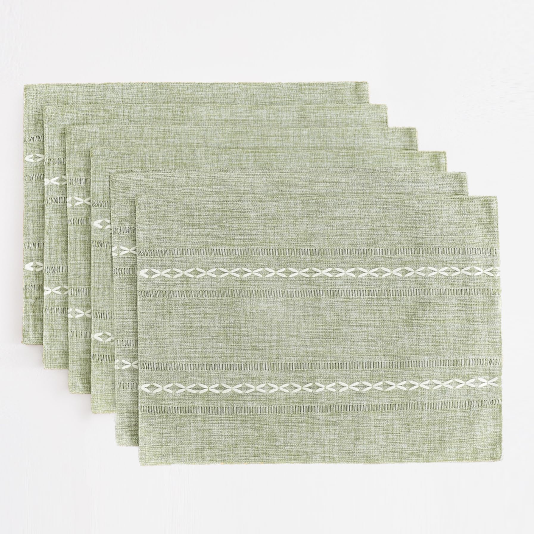 Wracra Sage Green Placemats Washable Set of 6, 30 x 45 cm Fabric Table Placemats, Cotton Linen Hemstitch Place Mats for Table, Kitchen, Dinning (Sage Green)