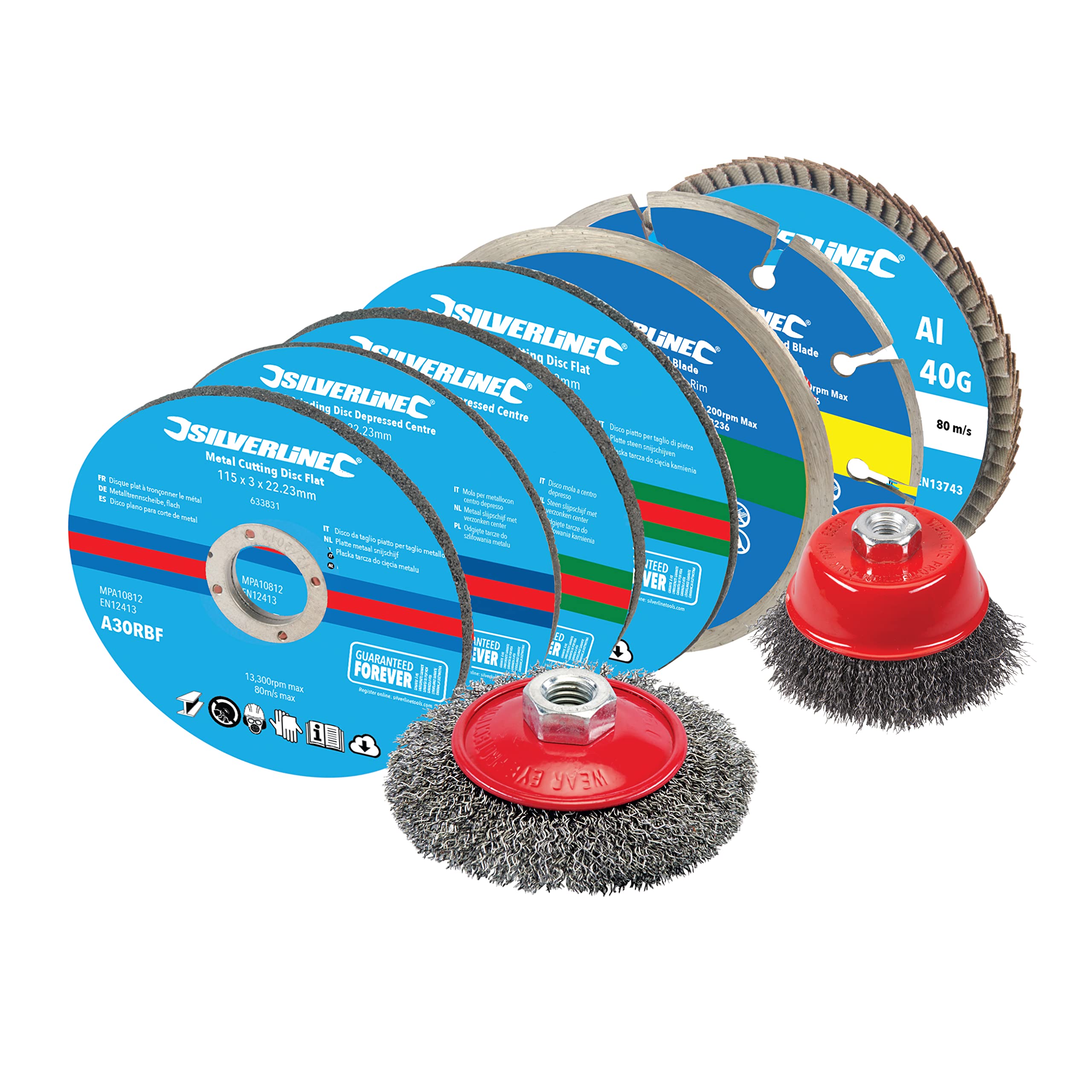 Silverline 12pce 115 mm Cutting and Grinding Discs Kit, Coarse/Extra Coarse/Very Fine/Fine Grit, Steel/Diamond Grit Material, Multicolored, Compatible with Angle Grinder