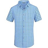 Mens Casual Button Down Shirts Wrinkle Free 4-Way Stretch Dress Shirs Short Sleeve Plaid Summer Shirts for Men